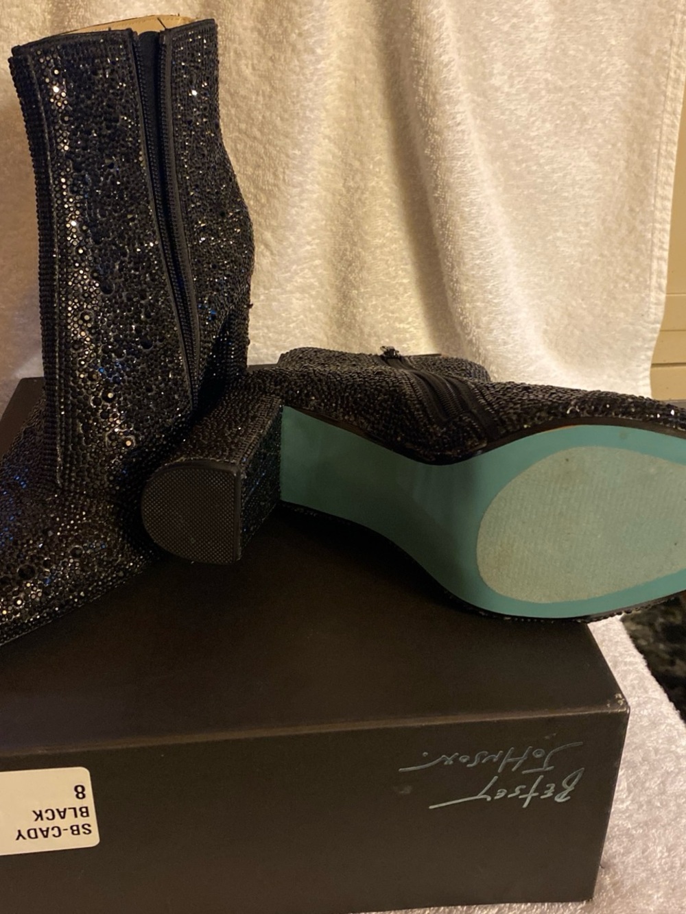 Betsey Johnson Black Glitter Ankle Booties with Teal Sole size 8